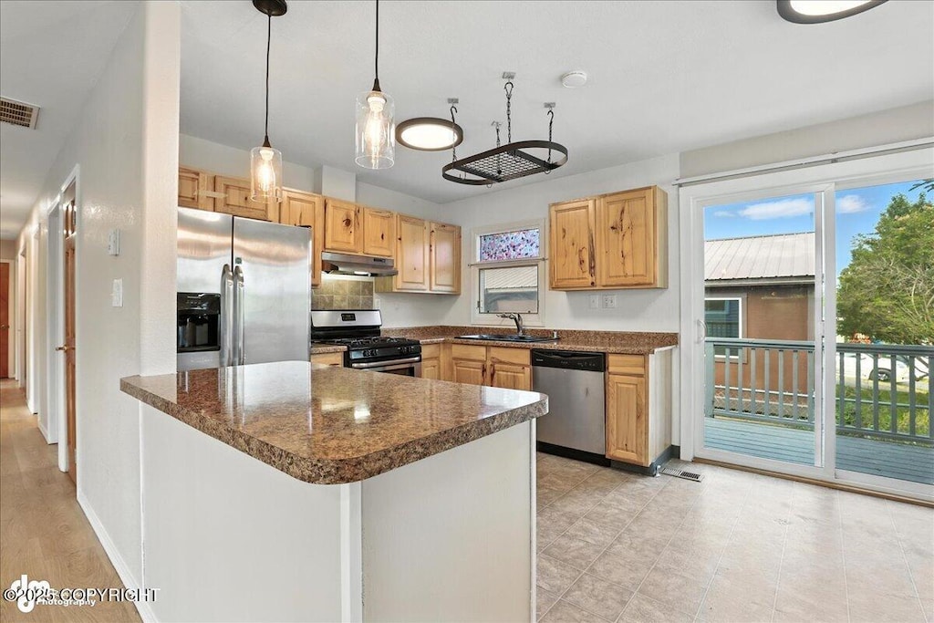 3634 E 16th Ave, Anchorage, AK 99508 - kitchen featuring appliances with stainless steel finishes, under cabinet range hood, healthy amount of natural light, and light brown cabinets