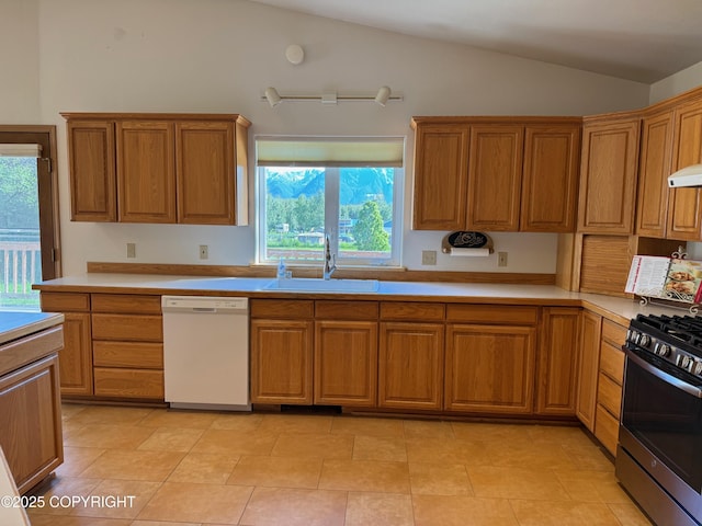 16297 E Harter Dr, Palmer, AK 99645 - kitchen with dishwasher, stainless steel gas stove, plenty of natural light, lofted ceiling, and brown cabinetry