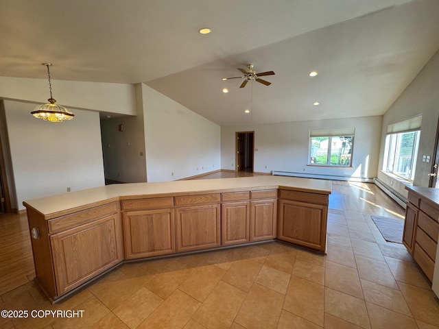 16297 E Harter Dr, Palmer, AK 99645 - kitchen featuring lofted ceiling, open floor plan, a ceiling fan, recessed lighting, and light countertops