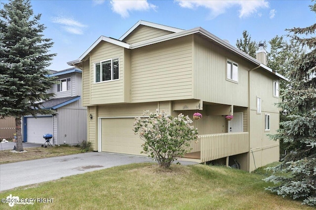 10300 Ridge Park Dr, Anchorage, AK 99507 - view of property exterior featuring concrete driveway, a garage, a yard, and a chimney