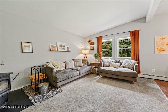 2701 Julie Ln, North Pole, AK 99705 - living area with a wood stove, a baseboard radiator, and wood finished floors