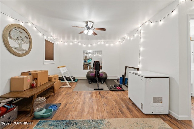 2701 Julie Ln, North Pole, AK 99705 - workout room featuring ceiling fan, wood finished floors, rail lighting, and a baseboard heating unit