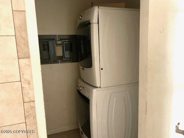 7367 S Rubacaba St, Wasilla, AK 99623 - laundry room featuring stacked washer and clothes dryer and electric panel