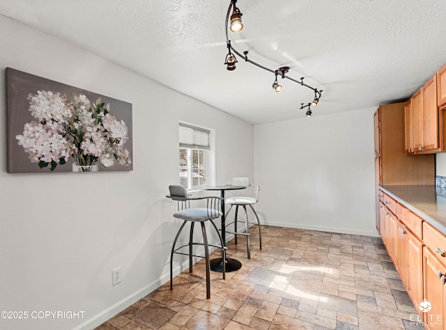 8430 Greenhill Way, Anchorage, AK 99502 - dining room with stone tile flooring, track lighting, and a textured ceiling