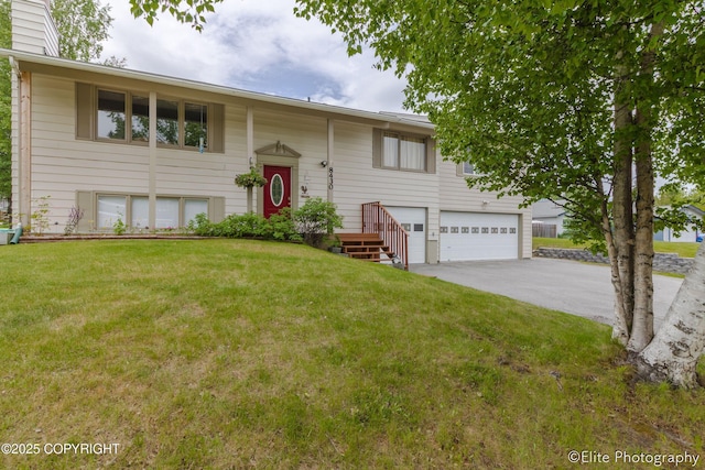 8430 Greenhill Way, Anchorage, AK 99502 - bi-level home featuring a front lawn, driveway, a garage, and a chimney