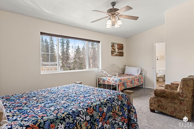 8430 Greenhill Way, Anchorage, AK 99502 - carpeted bedroom with ensuite bath, a ceiling fan, and lofted ceiling