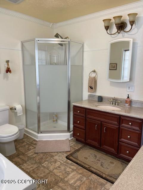 8430 Greenhill Way, Anchorage, AK 99502 - full bathroom featuring vanity, crown molding, a shower stall, and a textured ceiling