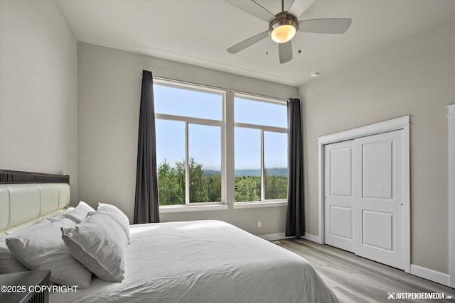 11459 Moonrise Ridge Pl # 7, Anchorage, AK 99516 - bedroom with multiple windows, light wood finished floors, and a ceiling fan