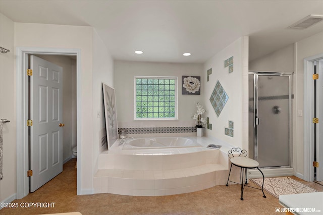 2231 Shore Dr, Anchorage, AK 99515 - bathroom with a garden tub, a shower stall, and recessed lighting