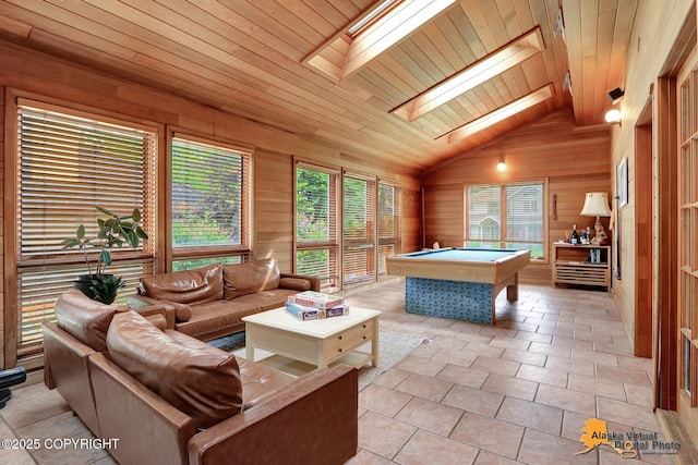 7521 Labrador Cir, Anchorage, AK 99502 - recreation room with a skylight, wooden ceiling, lofted ceiling, pool table, and wood walls