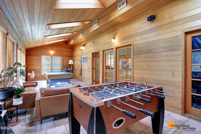 7521 Labrador Cir, Anchorage, AK 99502 - playroom with wooden walls, billiards table, vaulted ceiling, and wood ceiling