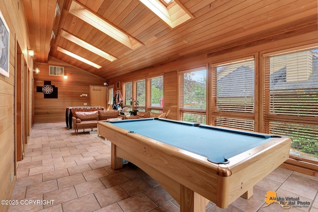 7521 Labrador Cir, Anchorage, AK 99502 - playroom with a skylight, lofted ceiling, wood walls, billiards, and wooden ceiling