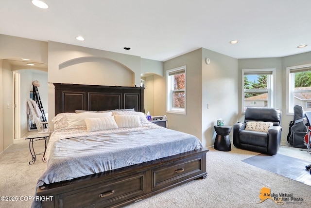 7521 Labrador Cir, Anchorage, AK 99502 - bedroom with light carpet, arched walkways, and recessed lighting
