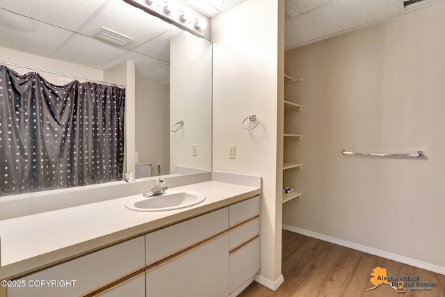 7521 Labrador Cir, Anchorage, AK 99502 - bathroom with wood finished floors, vanity, a drop ceiling, and curtained shower