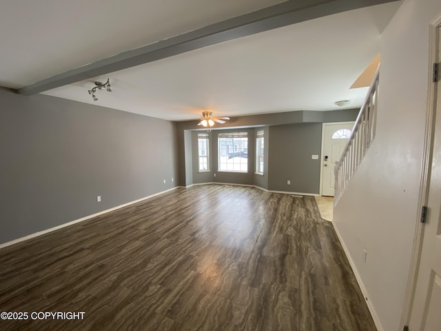 114 Rusty Allen Pl # 31, Anchorage, AK 99504 - unfurnished living room with dark wood-style floors, stairs, and ceiling fan