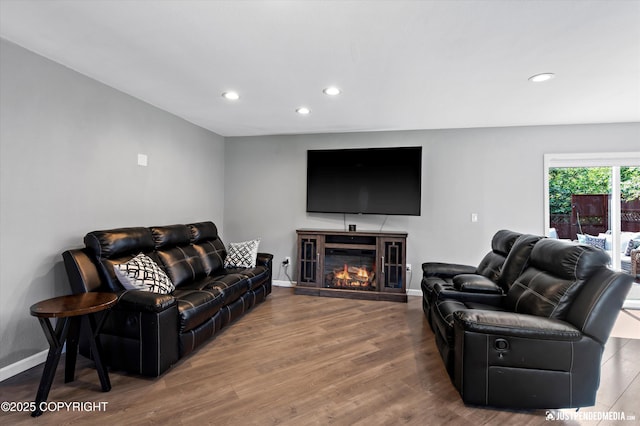 8410 E 20th Ave, Anchorage, AK 99504 - living room featuring recessed lighting, wood finished floors, and a glass covered fireplace