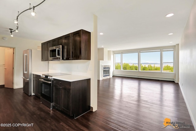 1414 W 7th Ave # 3, Anchorage, AK 99501 - kitchen featuring stainless steel appliances, baseboard heating, dark wood-type flooring, dark brown cabinetry, and a stone fireplace