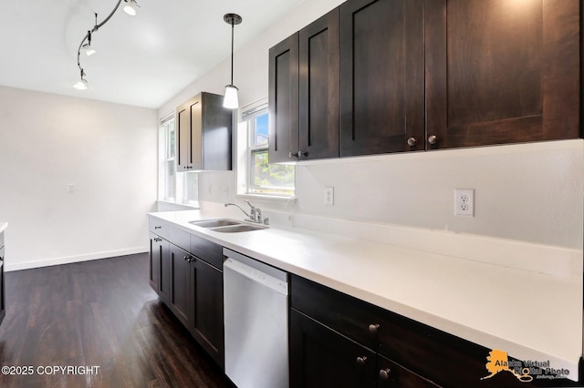 1414 W 7th Ave # 3, Anchorage, AK 99501 - kitchen with dishwasher, dark wood-type flooring, light countertops, dark brown cabinets, and hanging light fixtures