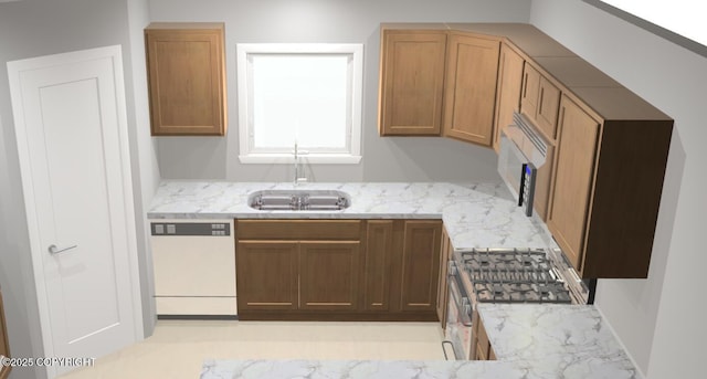 4712 S Kenaka Bena Loop, Big Lake, AK 99623 - kitchen featuring white dishwasher, stainless steel range with gas stovetop, and light stone countertops