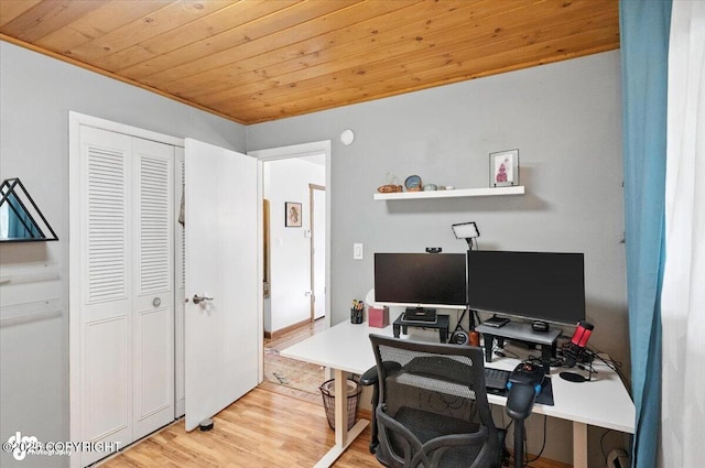 4733 Becharof St, Anchorage, AK 99507 - office area with wood ceiling, light wood-style floors, and crown molding