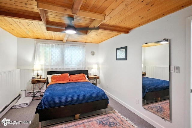 4733 Becharof St, Anchorage, AK 99507 - carpeted bedroom with a wood ceiling with exposed beams, a baseboard radiator, and a wainscoted wall