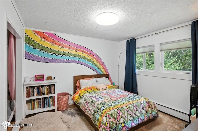 4733 Becharof St, Anchorage, AK 99507 - bedroom with a baseboard heating unit, a textured ceiling, and carpet floors