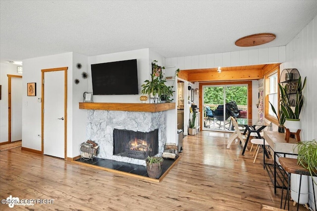 4733 Becharof St, Anchorage, AK 99507 - living area with a textured ceiling, wood finished floors, and a warm lit fireplace
