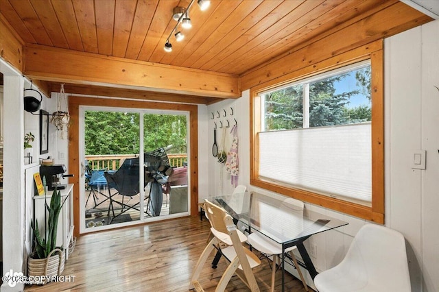 4733 Becharof St, Anchorage, AK 99507 - dining space featuring wood finished floors, rail lighting, and wood ceiling