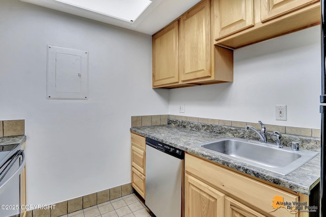 4650 Reka Dr # F6, Anchorage, AK 99508 - kitchen featuring stainless steel appliances, electric panel, light tile patterned flooring, and light brown cabinets