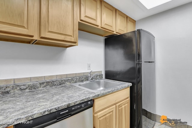 4650 Reka Dr # F6, Anchorage, AK 99508 - kitchen with dishwasher, freestanding refrigerator, light brown cabinets, and tile patterned floors