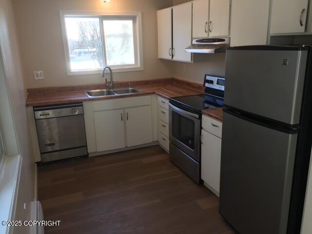 420 E 14th Ave, Anchorage, AK 99501 - kitchen with appliances with stainless steel finishes, under cabinet range hood, wood finished floors, and white cabinetry