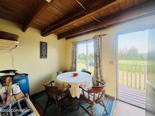 32425 Sterling Hwy, Anchor Point, AK 99556 - dining area featuring a wood ceiling with exposed beams and wood finished floors