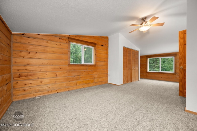 1291 N Rainbow Park Dr, Wasilla, AK 99623 - carpeted empty room featuring wood walls, lofted ceiling, ceiling fan, and a textured ceiling