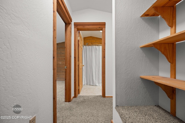 1291 N Rainbow Park Dr, Wasilla, AK 99623 - hallway with a textured wall, lofted ceiling, and carpet