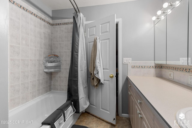 22432 Glacier View Dr, Eagle River, AK 99577 - bathroom featuring vanity, shower / tub combo, and tile patterned flooring