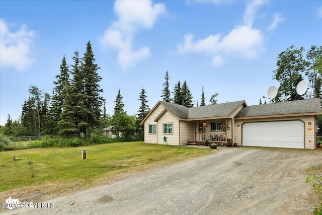 34443 Matanuska St, Soldotna, AK 99669 - ranch-style house featuring a garage, dirt driveway, and roof with shingles
