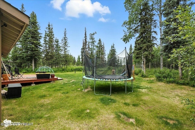 34443 Matanuska St, Soldotna, AK 99669 - view of grassy yard featuring a trampoline and a deck