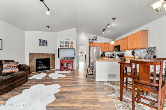 5586 Sapphire Loop # 55B, Anchorage, AK 99504 - living room with rail lighting, vaulted ceiling, wood finished floors, and a tiled fireplace