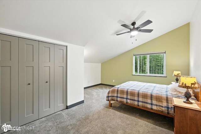 5551 N Wildwood Dr, Wasilla, AK 99654 - bedroom featuring carpet floors, lofted ceiling, a closet, and ceiling fan