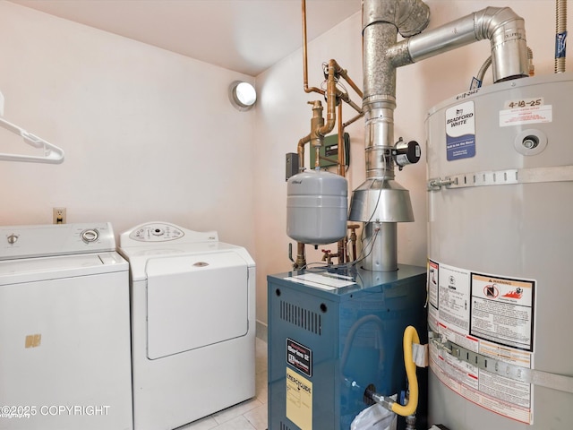 9801 Whitefish Cir, Anchorage, AK 99515 - laundry room featuring strapped water heater, separate washer and dryer, a heating unit, and light tile patterned flooring