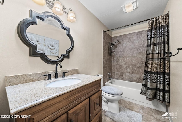 8641 Blackberry St # 6B, Anchorage, AK 99502 - full bathroom with shower / bathtub combination with curtain, vanity, and stone finish floors