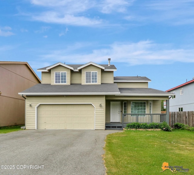 2321 Lusardi Point Cir, Anchorage, AK 99515 - traditional home featuring a porch, a garage, asphalt driveway, and roof with shingles