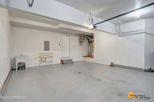 2321 Lusardi Point Cir, Anchorage, AK 99515 - garage featuring a baseboard radiator, electric panel, and a garage door opener