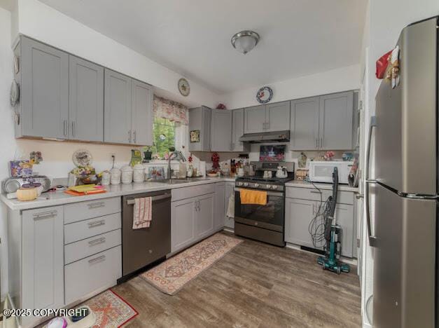 282 Marydale Ct, Soldotna, AK 99669 - kitchen with stainless steel appliances, gray cabinets, under cabinet range hood, wood finished floors, and light countertops