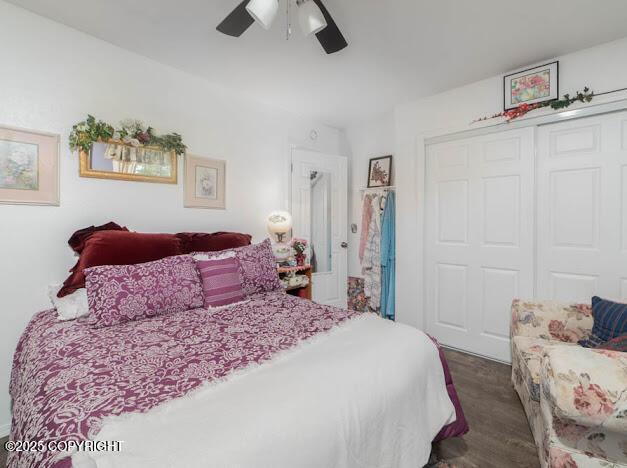 282 Marydale Ct, Soldotna, AK 99669 - bedroom featuring dark wood finished floors, a closet, and a ceiling fan