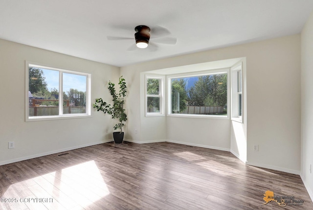 14795 E Hearthstone Dr, Palmer, AK 99645 - empty room with healthy amount of natural light, a ceiling fan, and wood finished floors