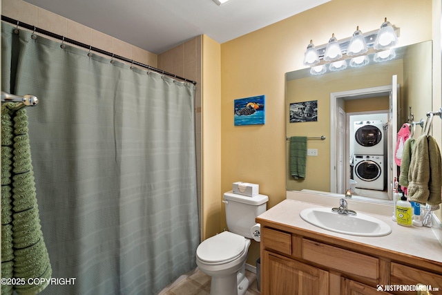 2431 Harbor Landing Cir, Anchorage, AK 99515 - full bath featuring estacked washer and dryer, vanity, and a shower with shower curtain