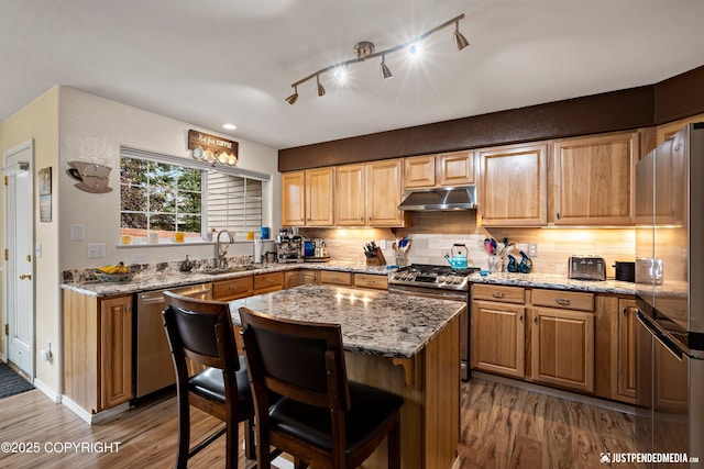 2431 Harbor Landing Cir, Anchorage, AK 99515 - kitchen featuring stainless steel appliances, dark wood-style flooring, under cabinet range hood, and light stone counters