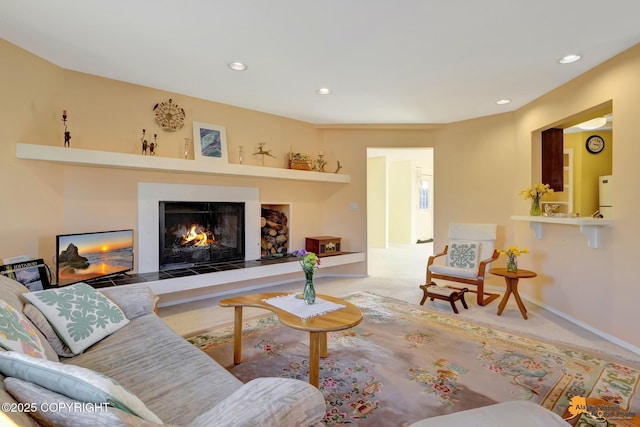 1854 Buccaneer Pl, Anchorage, AK 99501 - living area featuring carpet, a warm lit fireplace, and recessed lighting