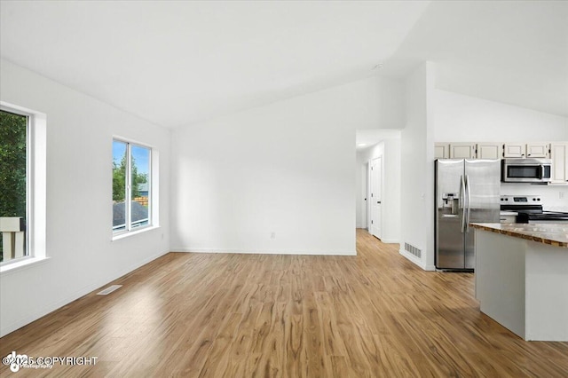1250 W Josselin Ln, Palmer, AK 99645 - kitchen with stainless steel appliances, light wood-style flooring, vaulted ceiling, open floor plan, and dark countertops